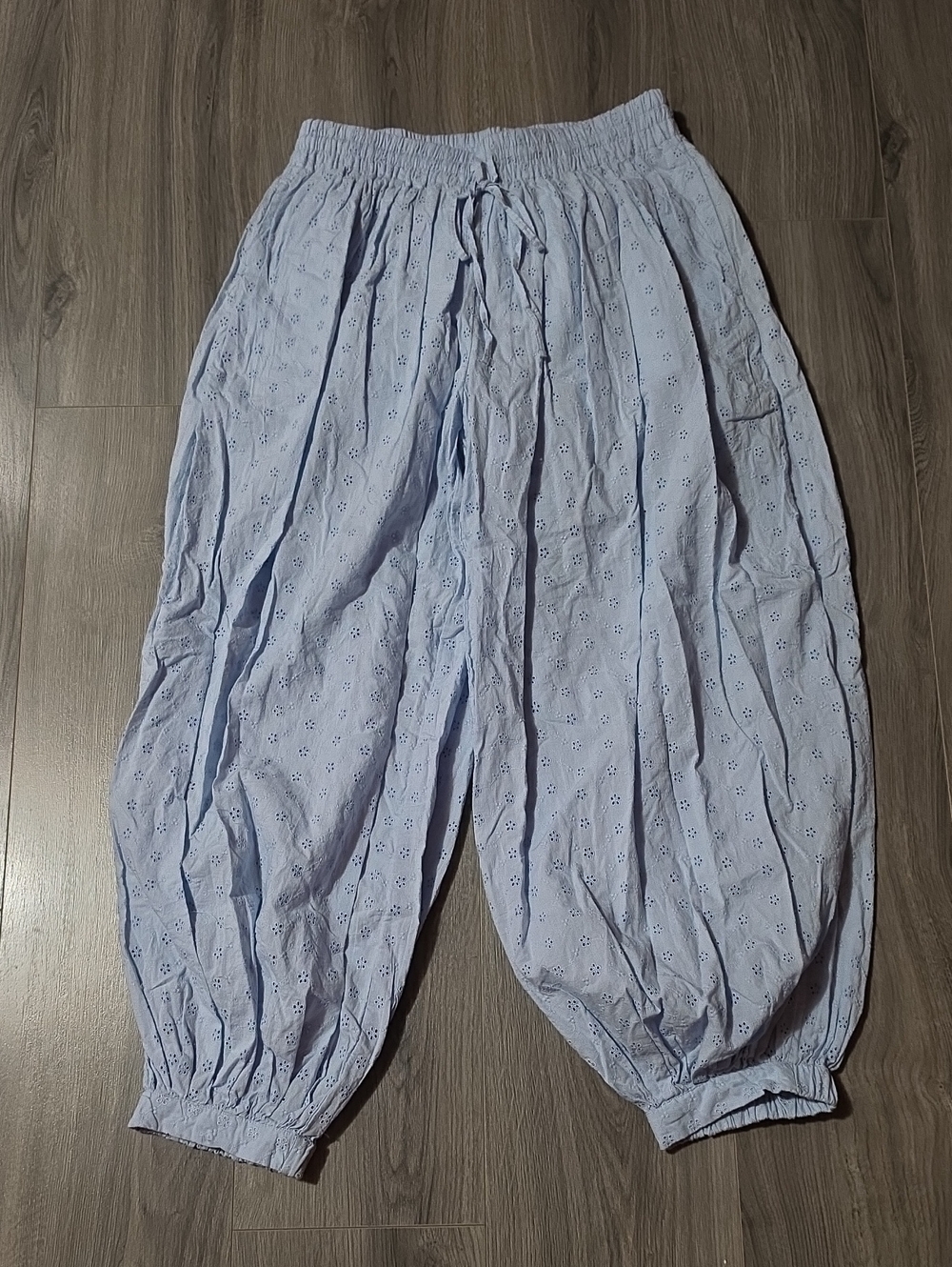 Light Blue Women's Wide-Leg Eyelet Cotton Pants